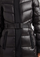 Diamond Belted Extra Long Down Coat Lux Black with buckle and quilted finish.
