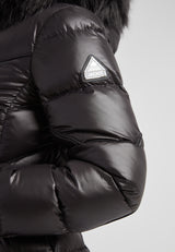 Diamond Belted Extra Long Down Coat Lux Black close-up detail of arm with logo.