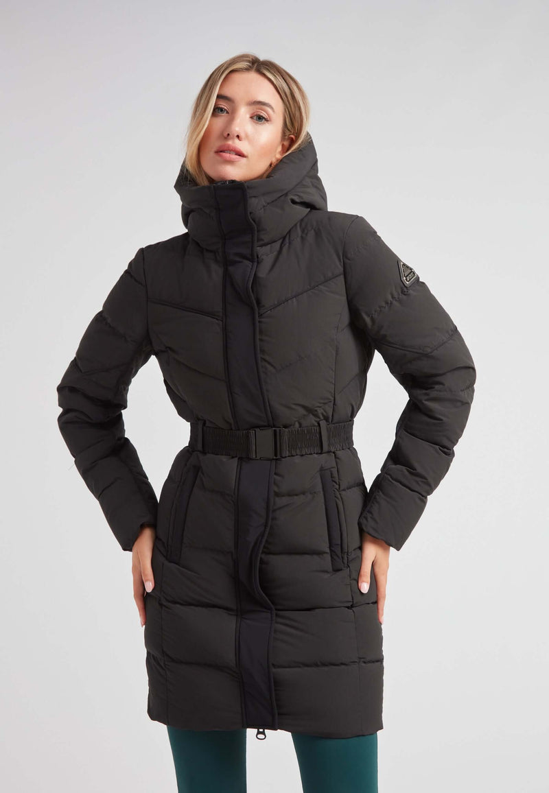 Diamond Belted Down Coat Matt Black worn by a woman, featuring a stylish design and cozy insulation for winter.