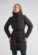 Diamond Belted Down Coat Matt Black worn by a woman, featuring a stylish design and cozy insulation for winter.