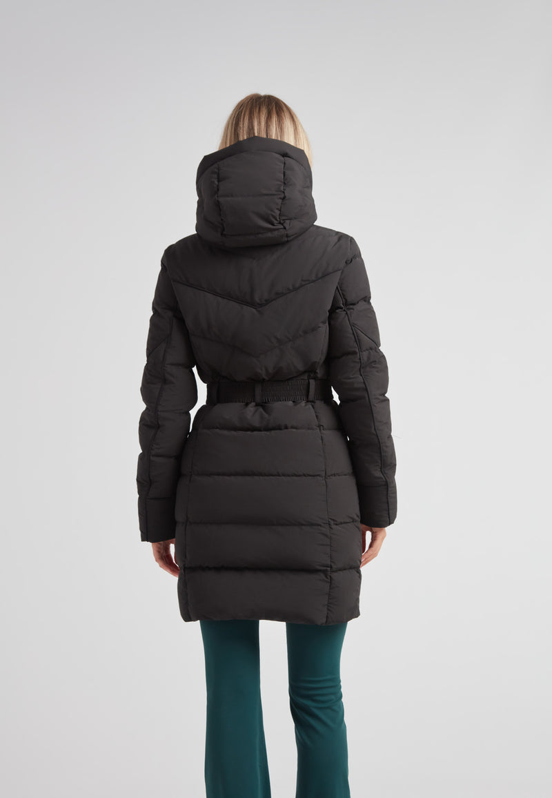 Back view of the Diamond Belted Down Coat Matt Black showcasing its stylish design and hood.