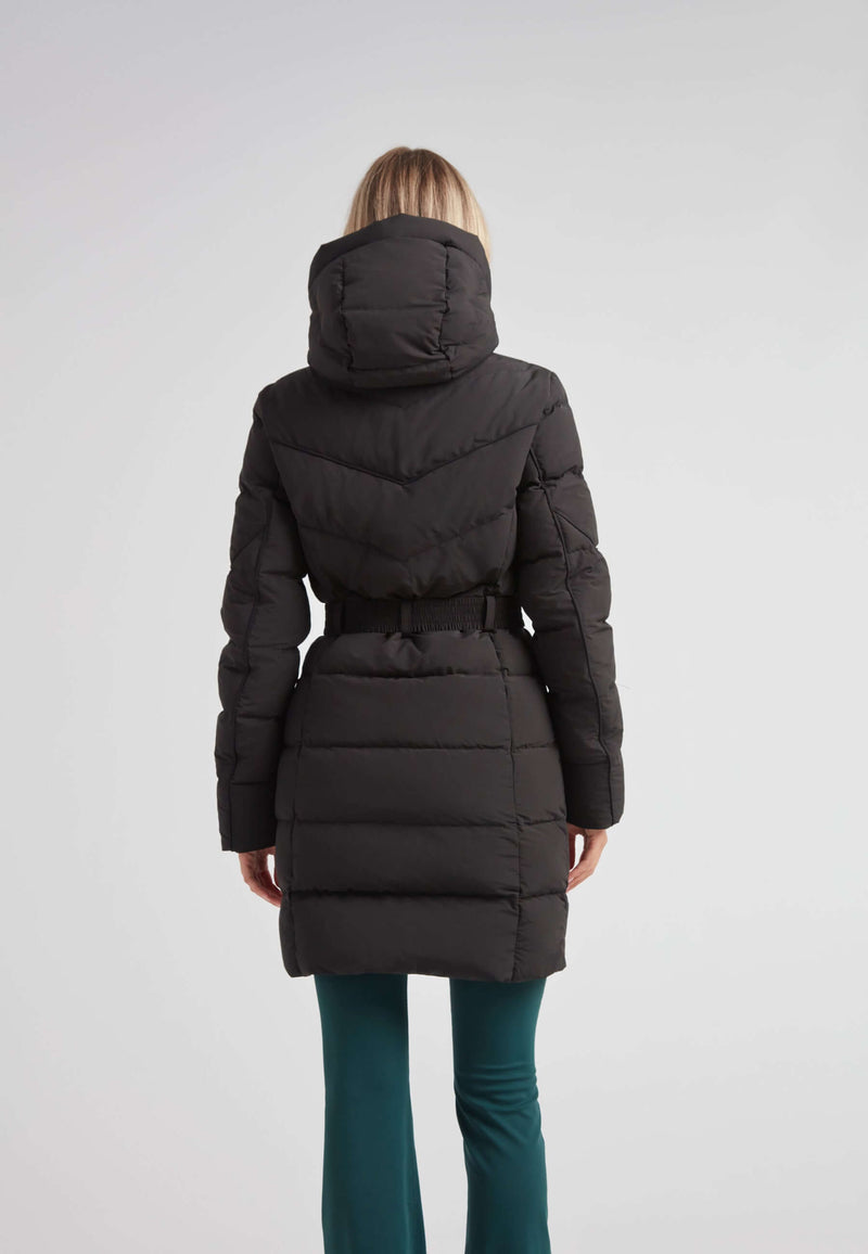 Back view of the Diamond Belted Down Coat Matt Black showcasing its stylish design and hood.