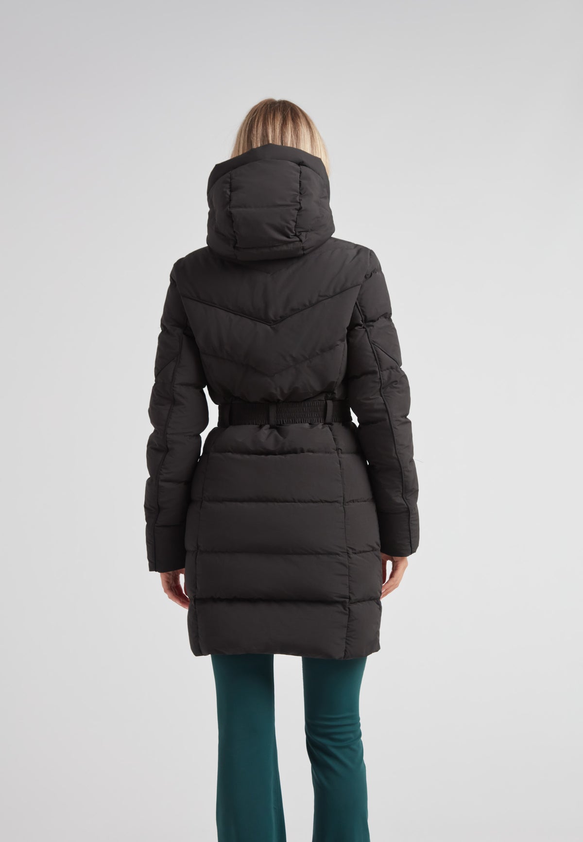 Back view of the Diamond Belted Down Coat Matt Black showcasing its stylish design and hood.