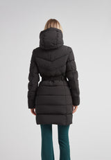 Back view of the Diamond Belted Down Coat Matt Black showcasing its stylish design and hood.