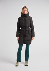 Diamond Belted Down Coat Matt Black worn by a model against a neutral background, showcasing its elegant design.