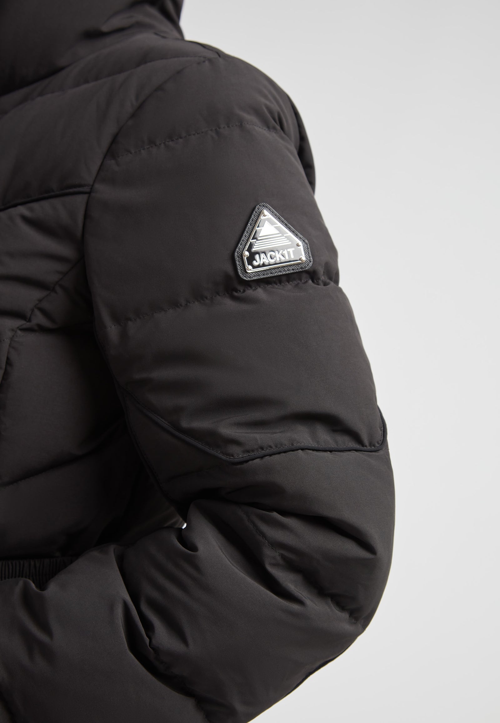 Diamond Belted Down Coat Matt Black close-up of sleeve and logo detail