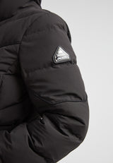 Diamond Belted Down Coat Matt Black close-up of sleeve and logo detail