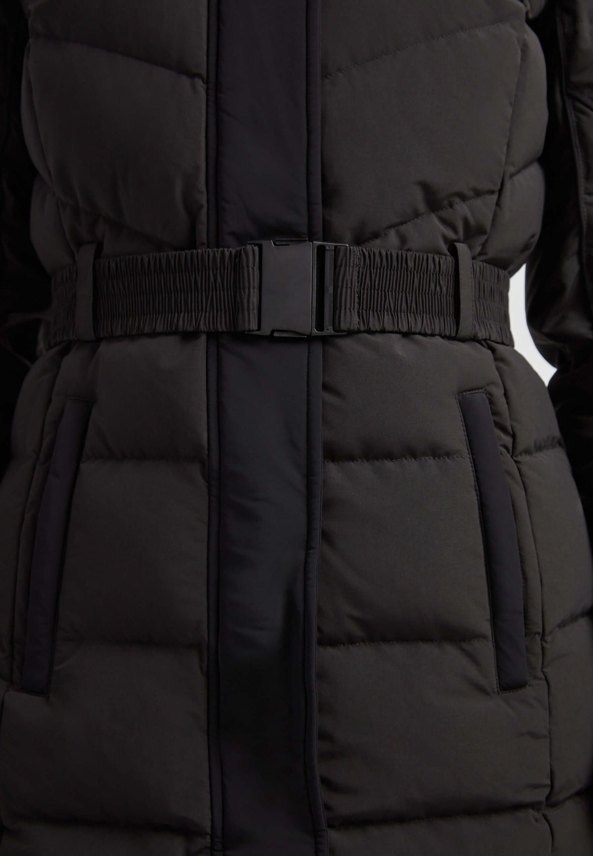 Diamond Belted Down Coat Matt Black featuring a belted waist and puffy texture for winter style and warmth.