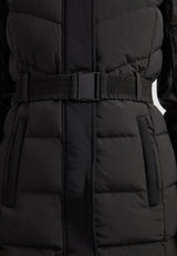 Diamond Belted Down Coat Matt Black featuring a belted waist and puffy texture for winter style and warmth.