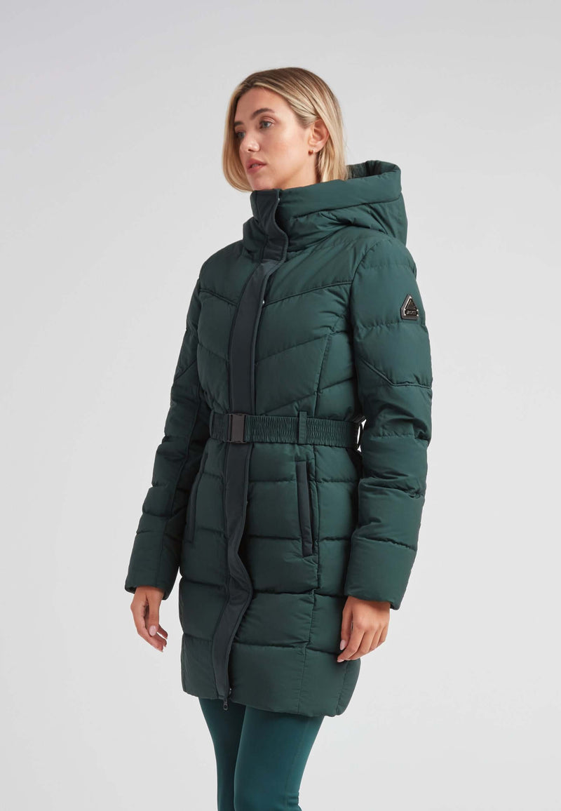 Diamond Belted Down Coat Matt Emerald worn by a woman, showcasing its sophisticated design and winter functionality.