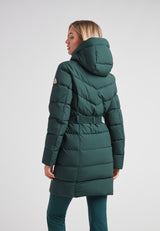 Diamond Belted Down Coat Matt Emerald, showing the back view with a belted design and hood.