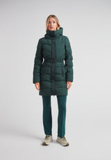 Diamond Belted Down Coat Matt Emerald worn by a model, showcasing a sophisticated winter style.