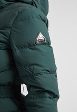 Diamond Belted Down Coat Matt Emerald close-up view showing the arm detail and logo badge.