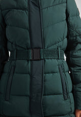 Diamond Belted Down Coat Matt Emerald featuring a stylish belt, ideal for winter warmth and sophisticated looks.