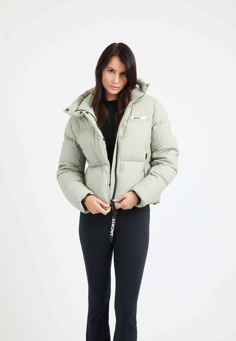 Star Shower Down Puffer Jacket Sage on model front view by JACK1T