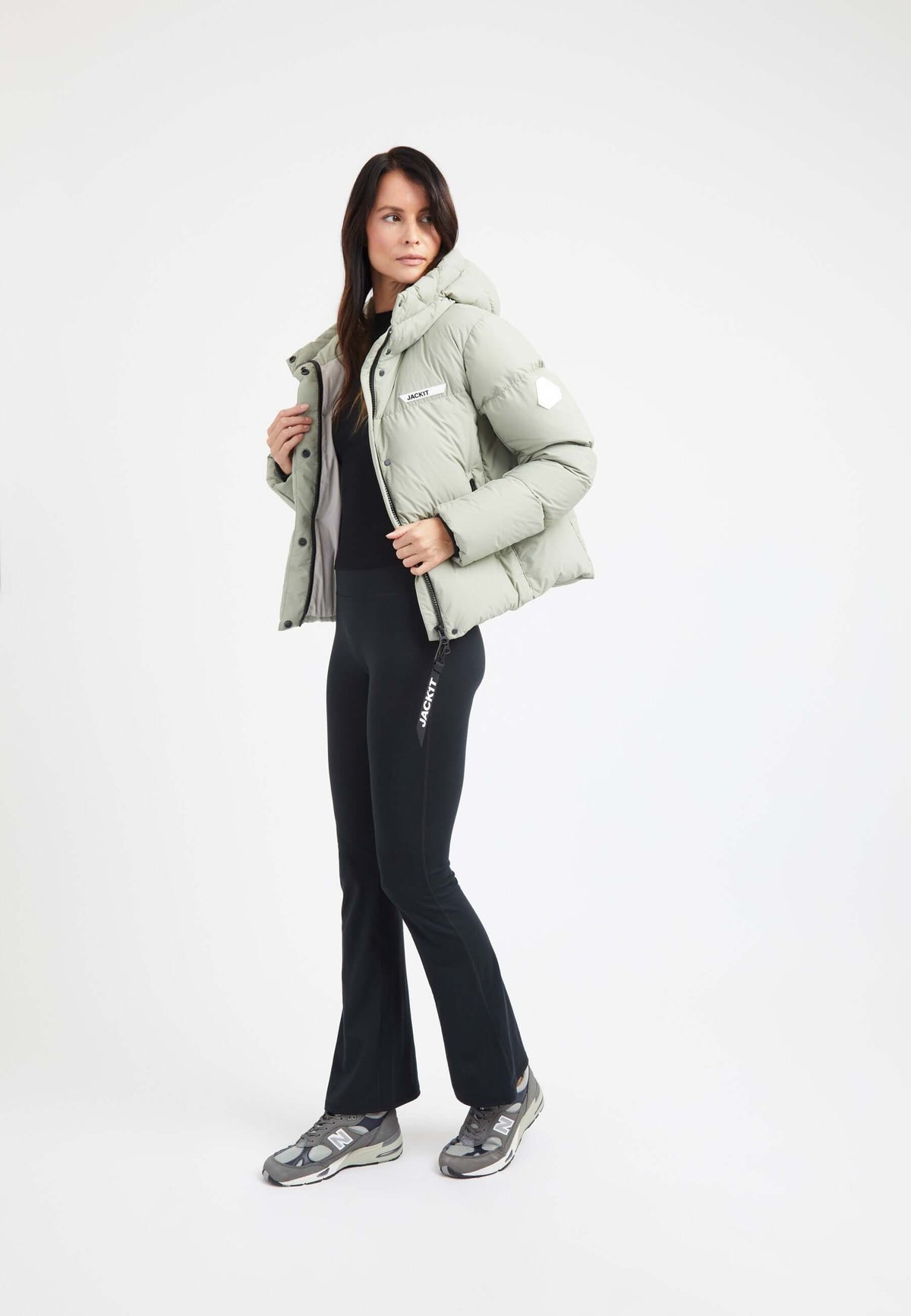 Star Shower Down Puffer Jacket Sage on model detail by JACK1T
