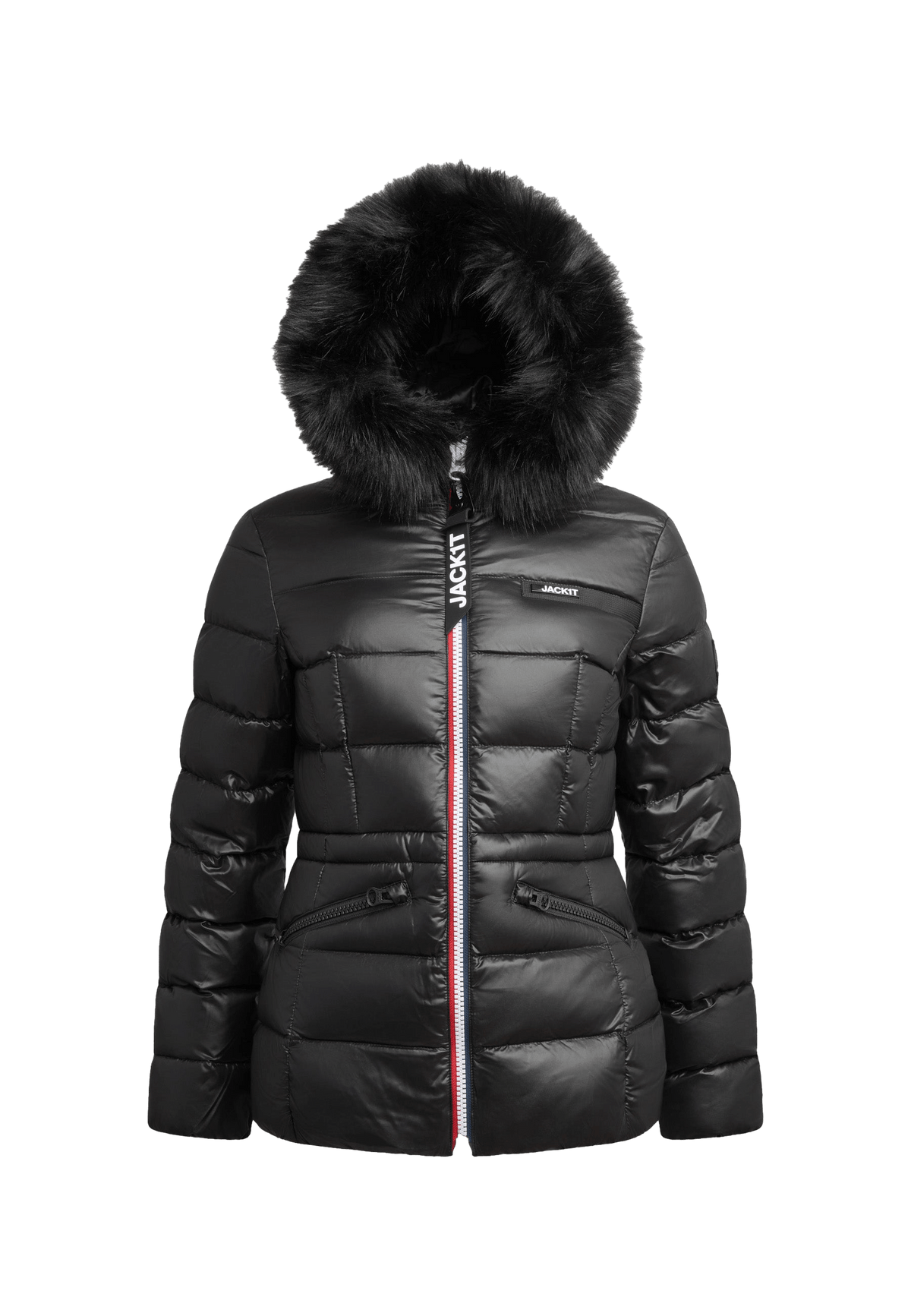 Black puffer jacket with fur hood showcasing a sleek design and removable faux fur trim.