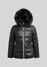 R4D Tricolore Racer Puffer Jacket Lux with fur hood, black design, ideal for alpine sophistication and winter weather.
