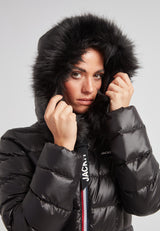 R4D Tricolore Racer Puffer Jacket Lux with fur-lined hood, designed for warmth and style in alpine conditions.