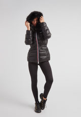 R4D Tricolore Racer Puffer Jacket Lux on a model, featuring a stylish hood and sleek black design, perfect for winter wear.