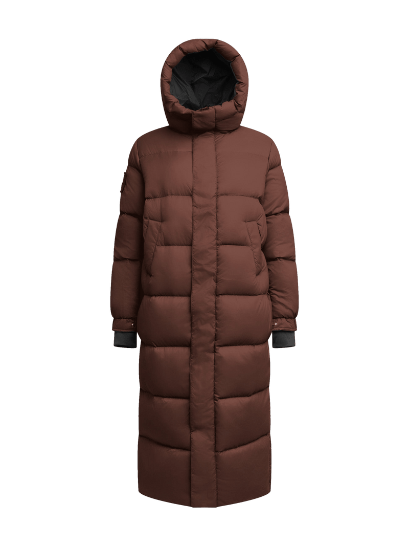 Cocoon Ultra Long Down Coat Mid Brown flat lay swatch