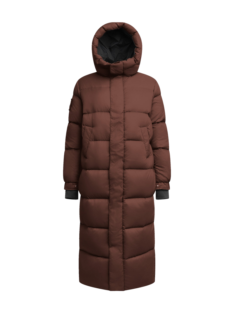 Cocoon Ultra Long Down Coat Mid Brown flat lay swatch