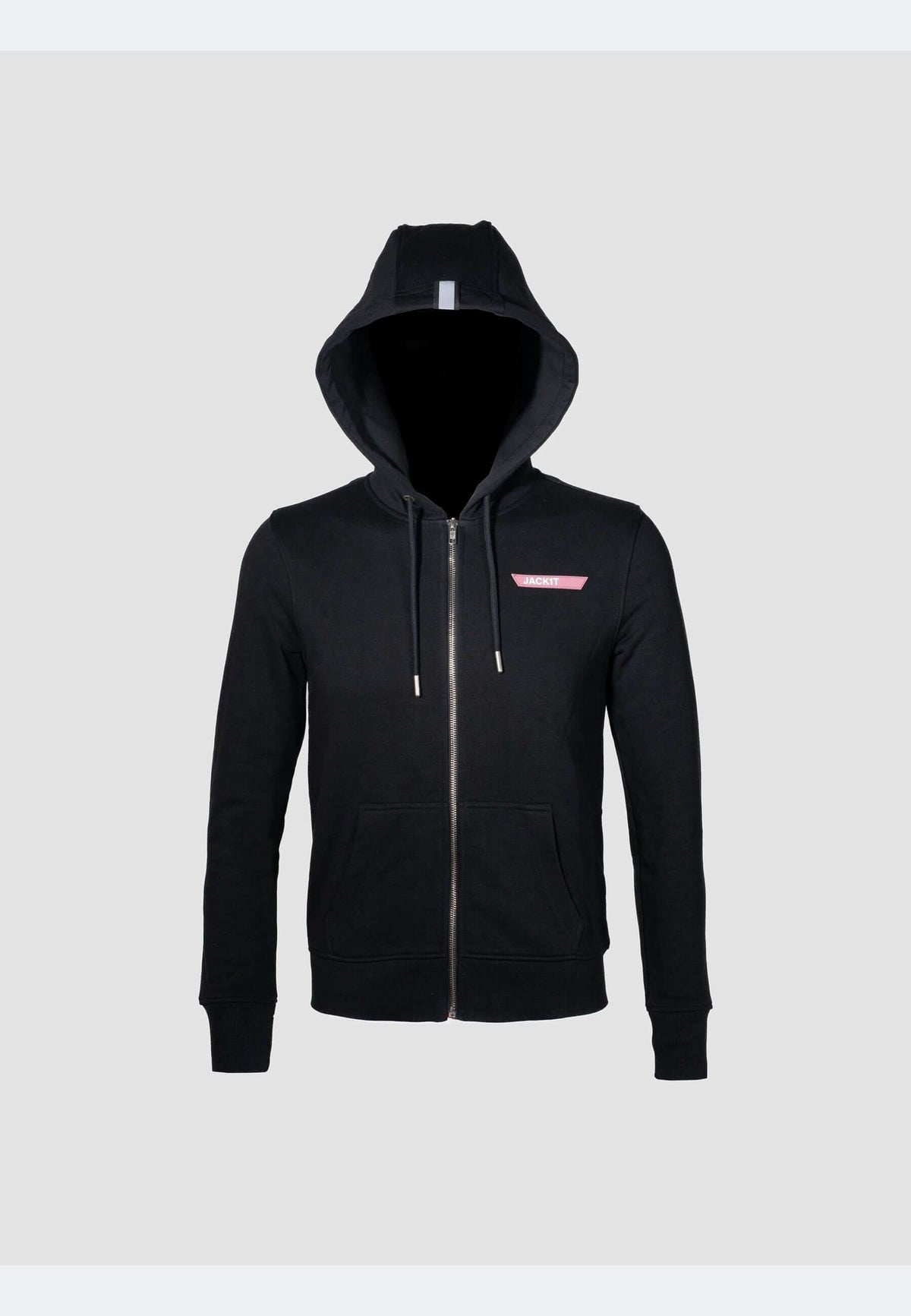 Zip through black hoodie featuring a full zip and structured fit, perfect for layering.