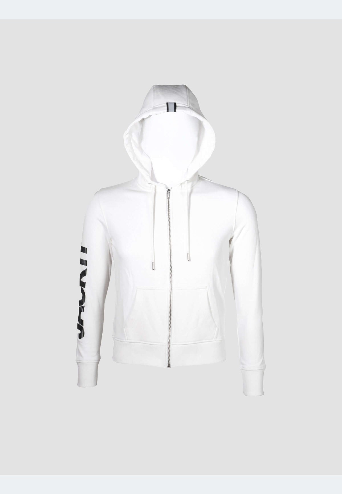 Off white hoodie zip through with structured finish and brand detailing.