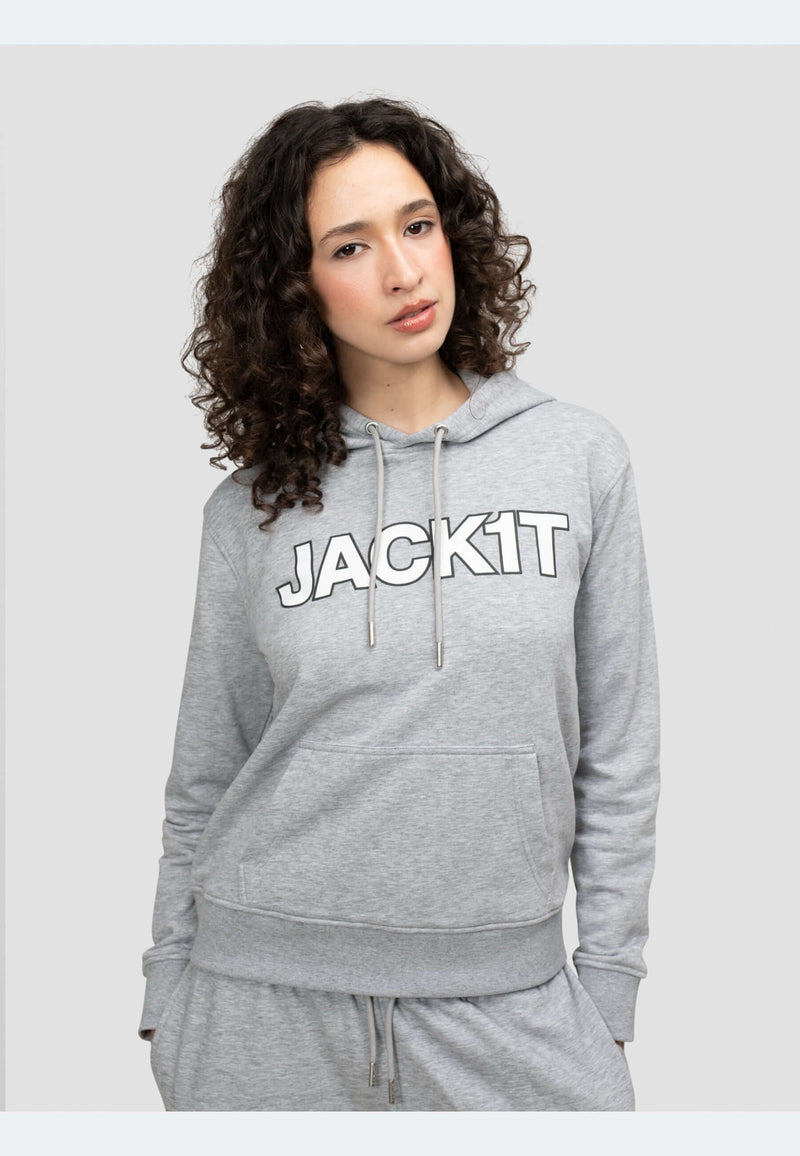 Woman wearing a stylish grey hoodie with JACKIT graphic, perfect for casual, everyday wear.
