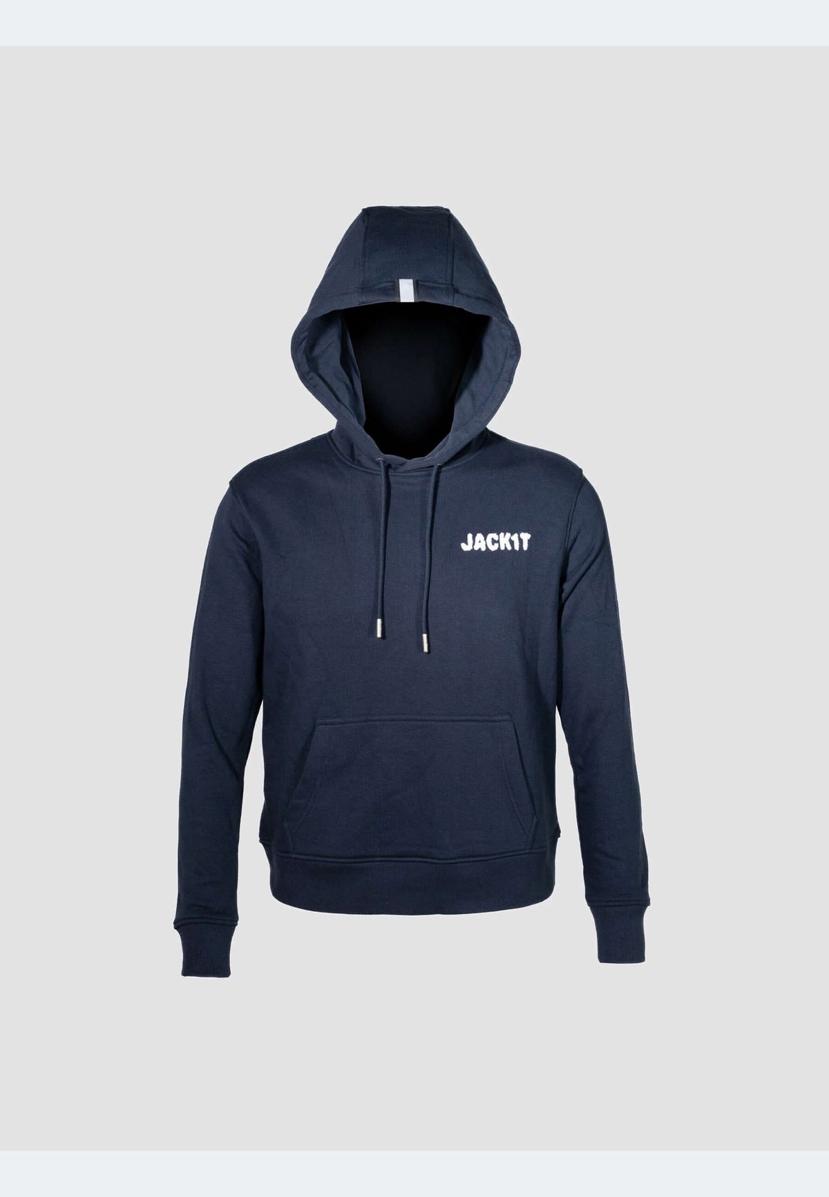 Navy hoodie pullover with classic hood, relaxed fit, and 'JACKIT' logo on chest, perfect for everyday wear.