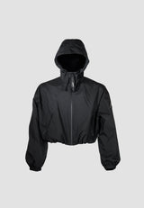 Ladies Cropped Black Jacket featuring a lightweight water resistant fabric and adjustable hood.