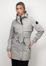 Womens Raincoat Cape Light Grey with drawcord waist and hood, featuring breathable mesh lining.