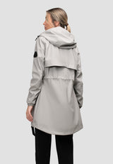 Womens Raincoat Cape Light Grey featuring lightweight water-resistant fabric and a stylish cape design from the back.