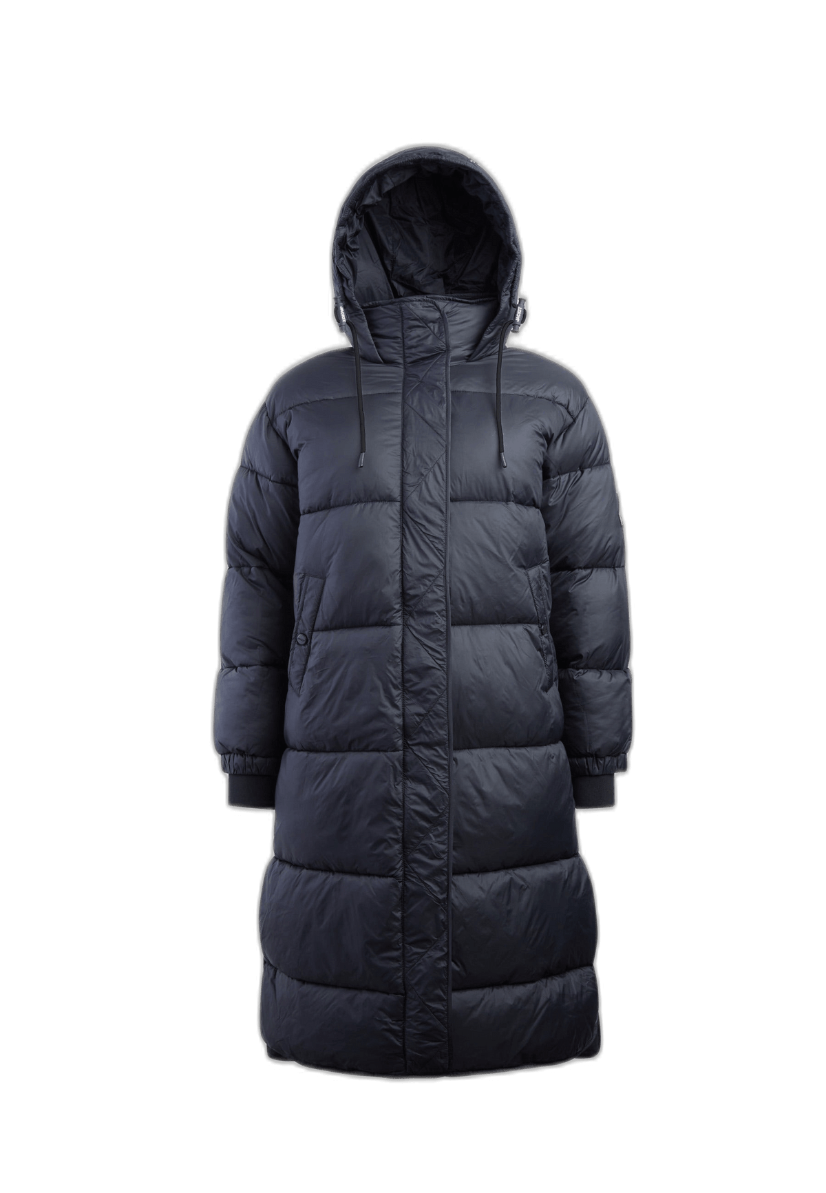 Helio Ultra Long black extra long puffer coat with a hood and full-length silhouette.