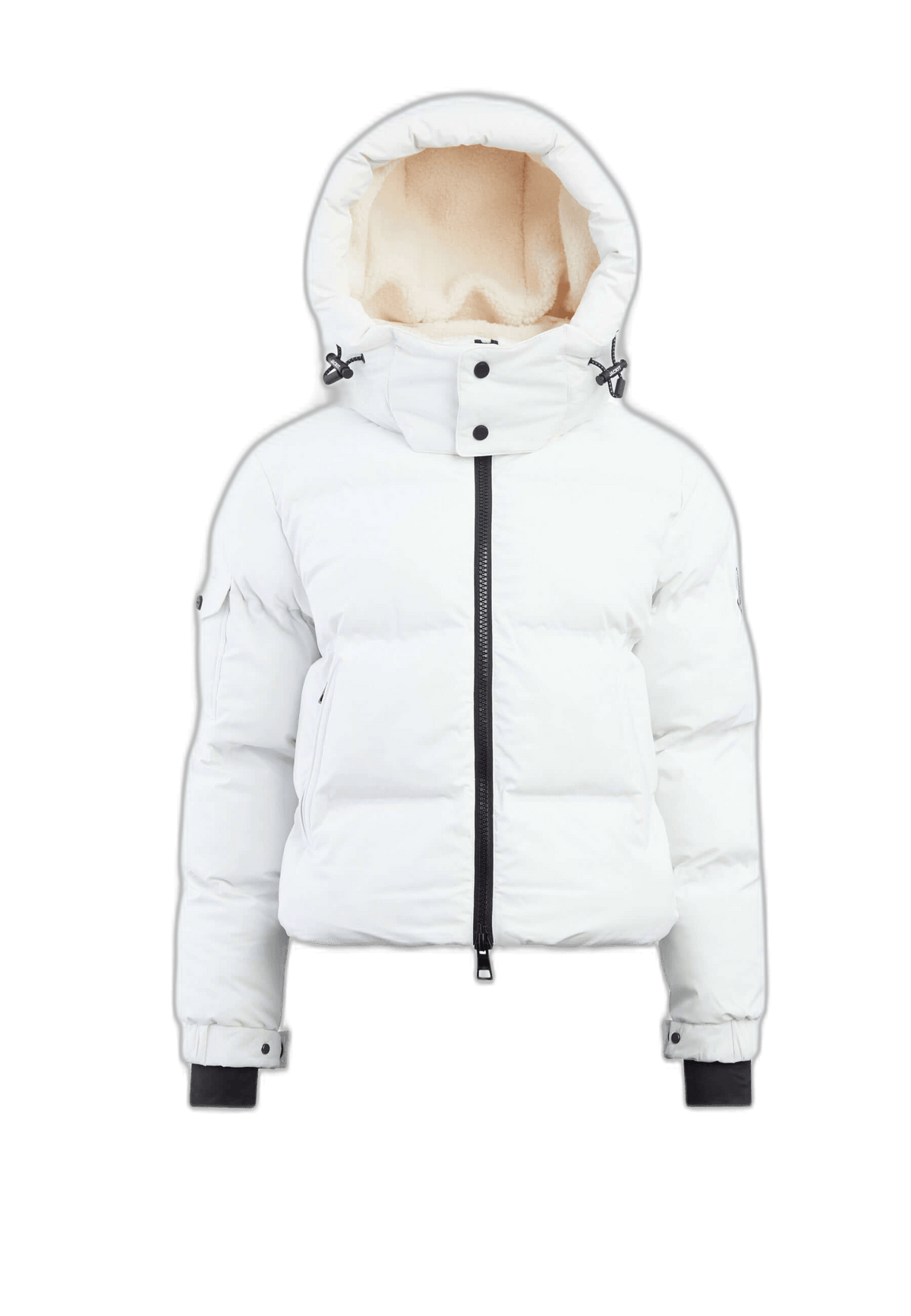 EZ Bonded Cropped White crop puffer jacket women with sherpa lining and hood for winter warmth.