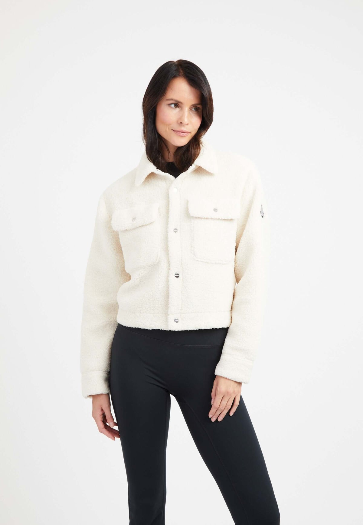 Cropped Sherpa Shirt Jacket Almond Milk on model front view by JACK1T