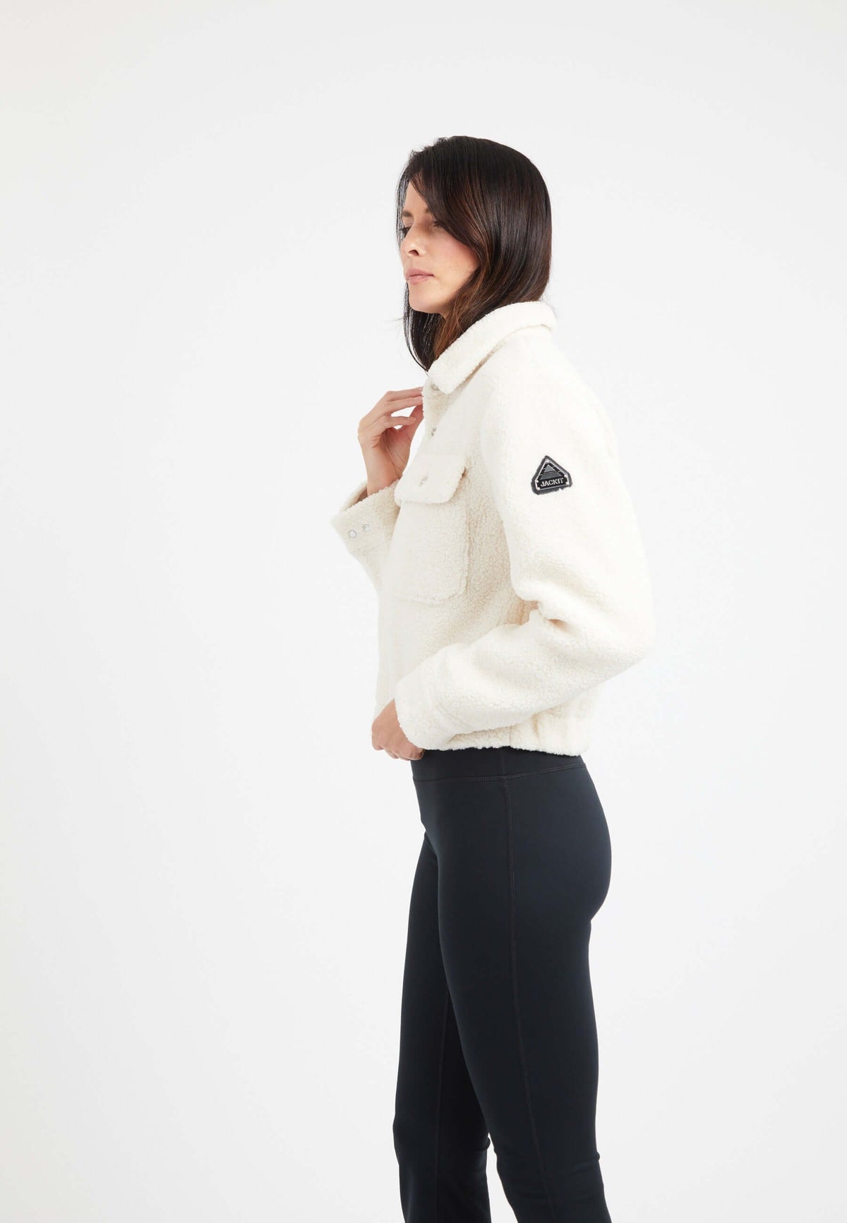 Cropped Sherpa Shirt Jacket Almond Milk on model back view by JACK1T