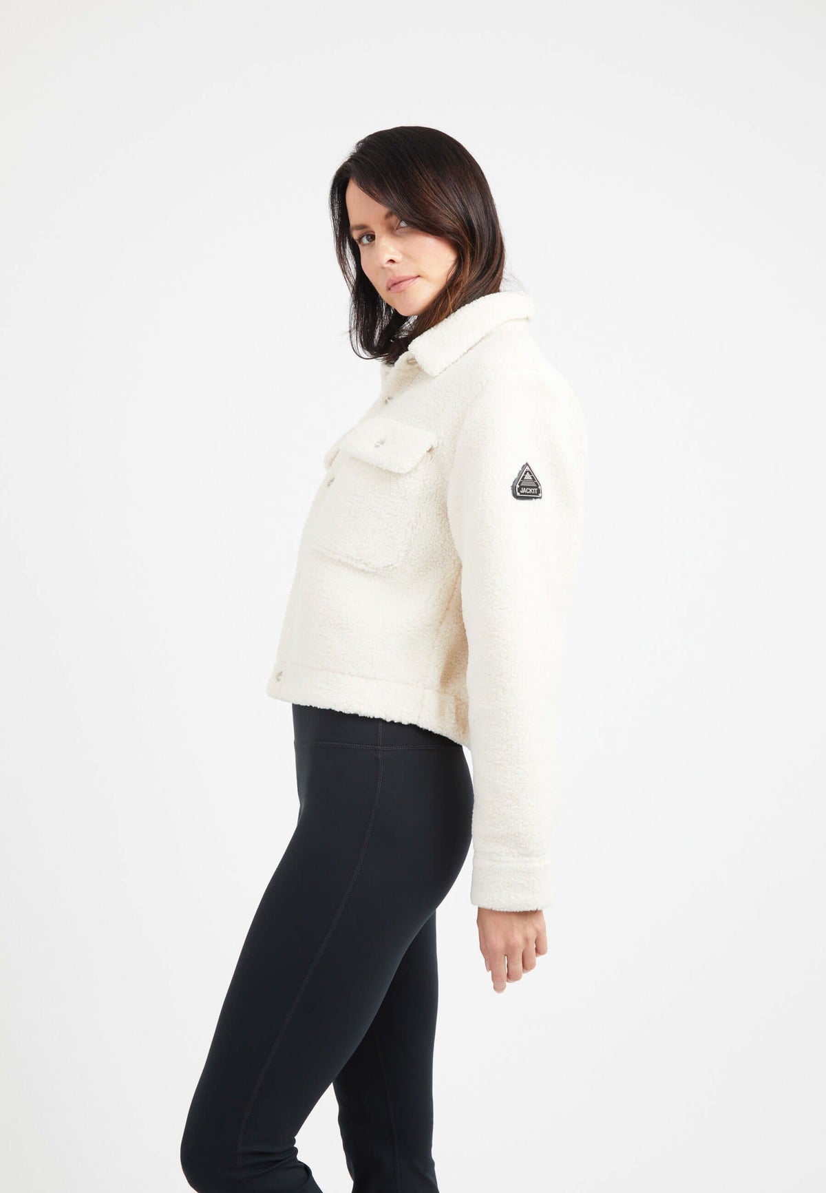 Cropped Sherpa Shirt Jacket Almond Milk on model full length by JACK1T