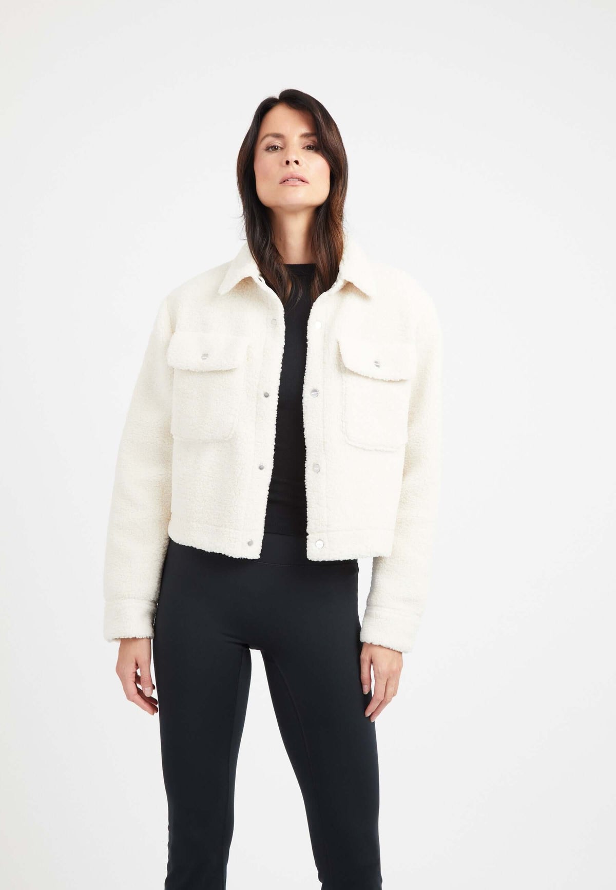 Cropped Sherpa Shirt Jacket Almond Milk styled shot by JACK1T