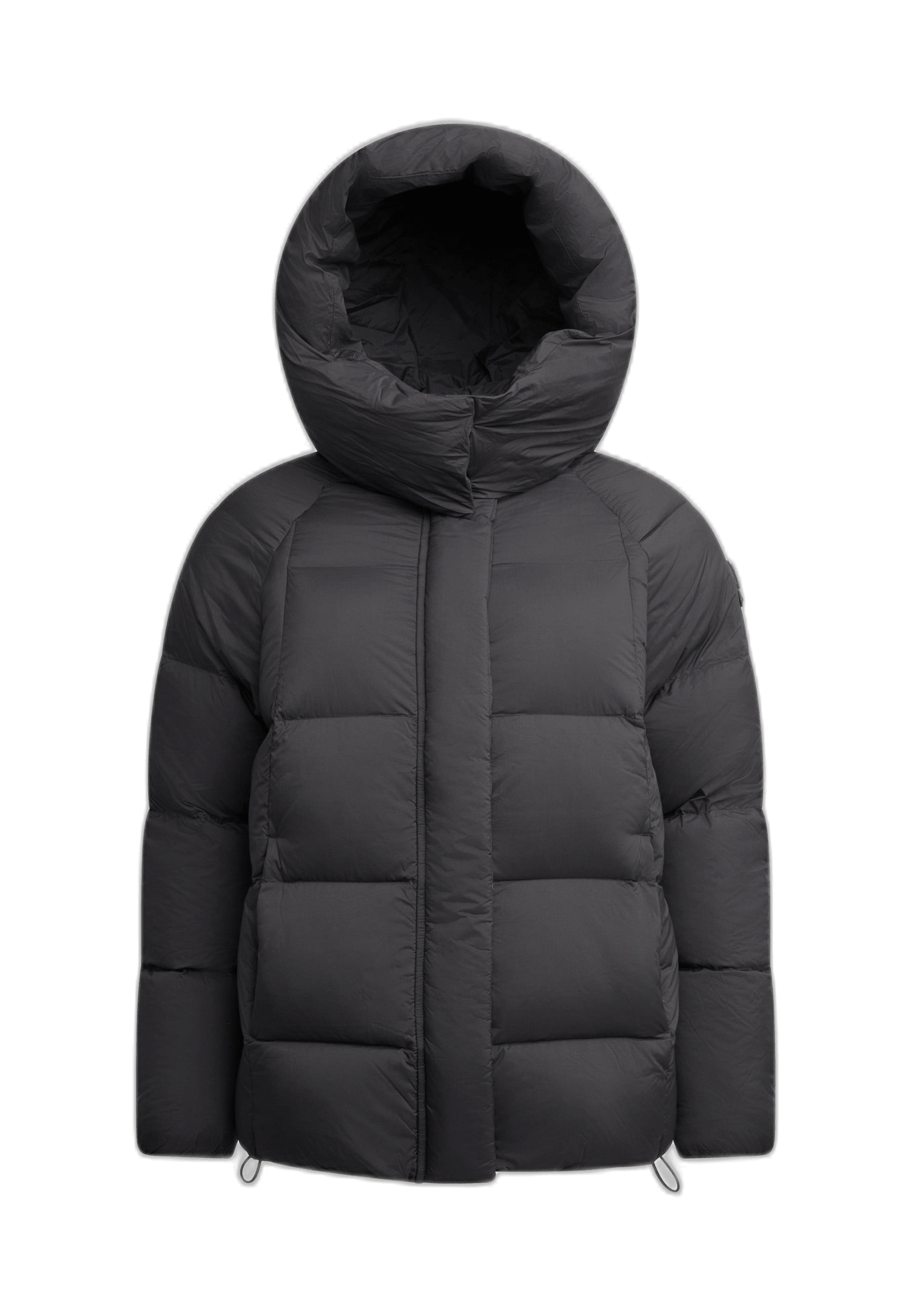 womens black puffer jacket with adjustable hood and lightweight design