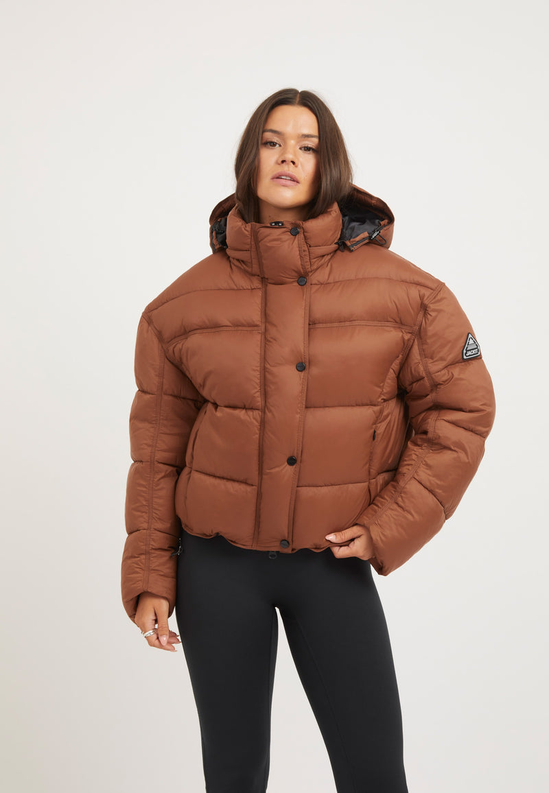 Cloud Boss ONELOFT Puffer Jacket Mocha on model front view by JACK1T
