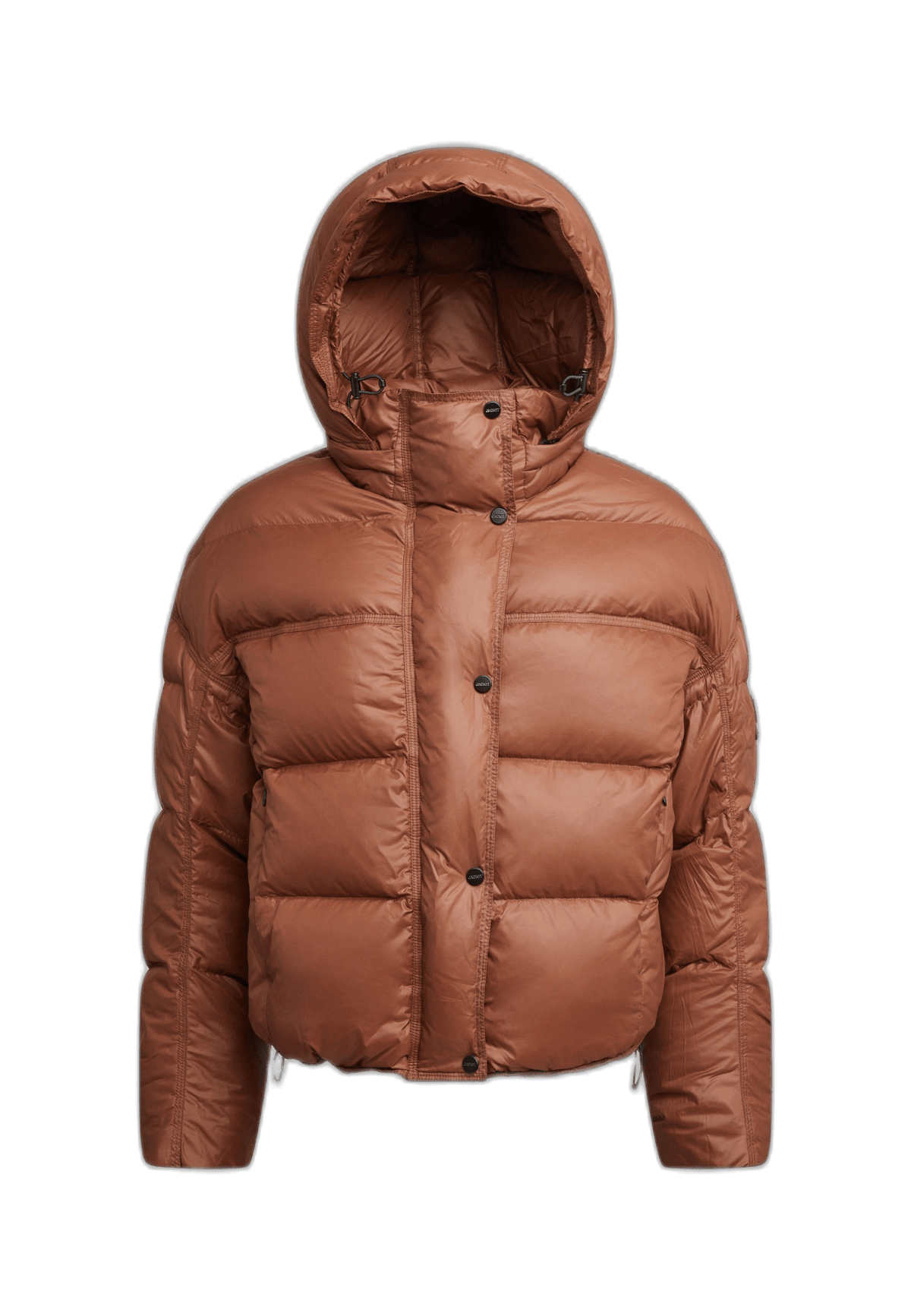 Womens Puffer Jacket Brown with oversized silhouette and removable hood in mocha brown color.