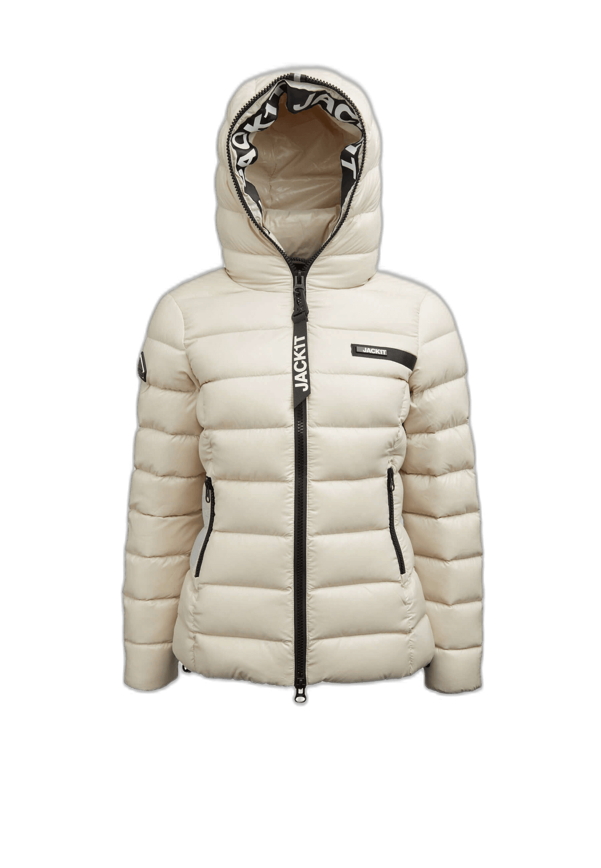 Womens racer puffer jacket in stone color with hood, featuring elasticated waist and cuffs, and two way zips.