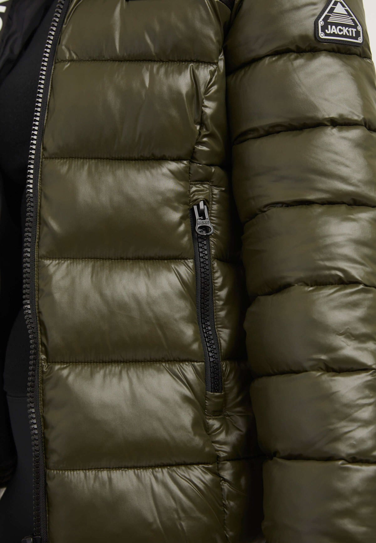 R3D Slick Racer Jacket Olive with tapered racer fit and TWO WAY zips, perfect fitted puffer jacket.