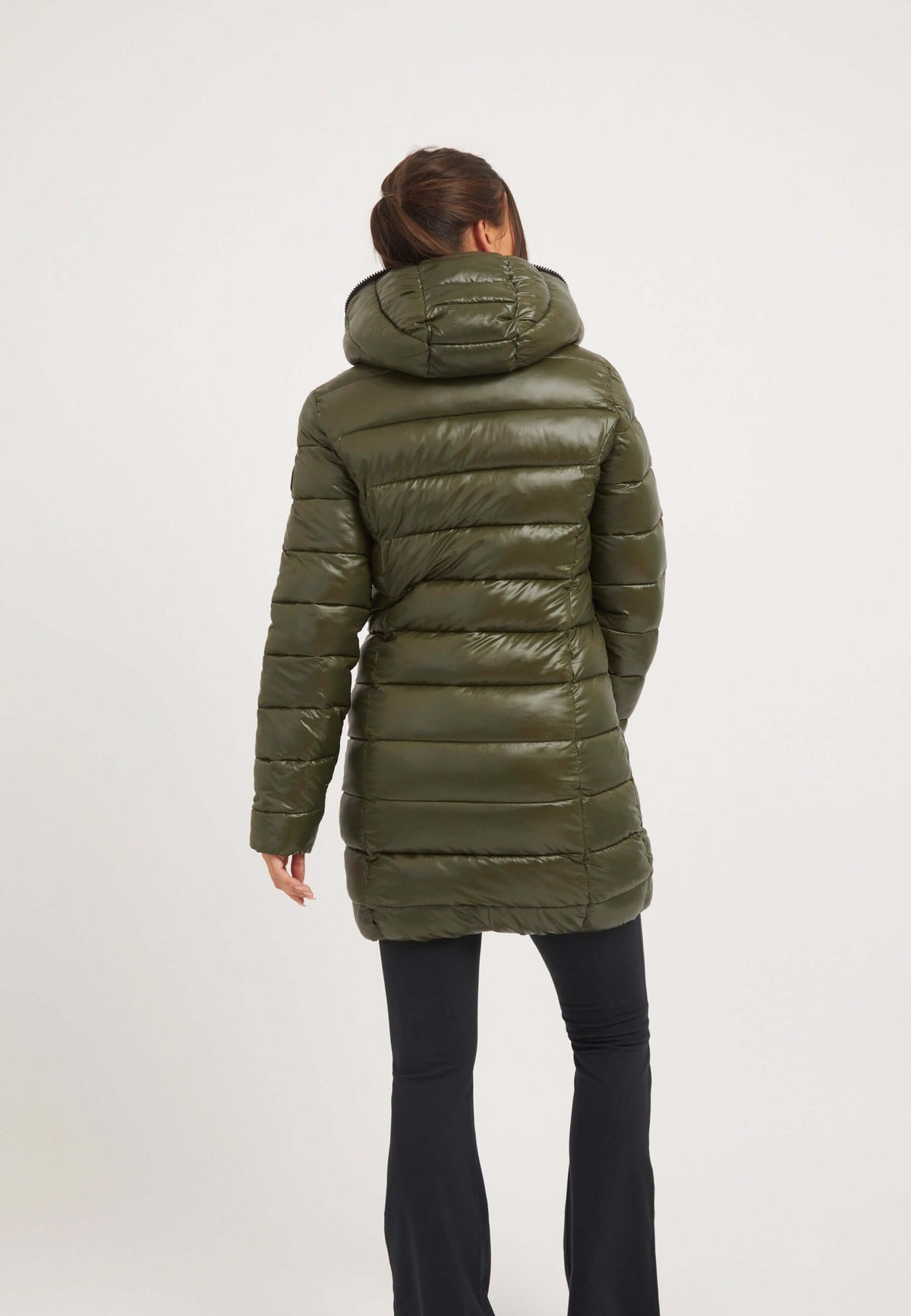 Back view of a woman wearing a mid length olive coat with a hood, showcasing the stylish design and premium insulation.