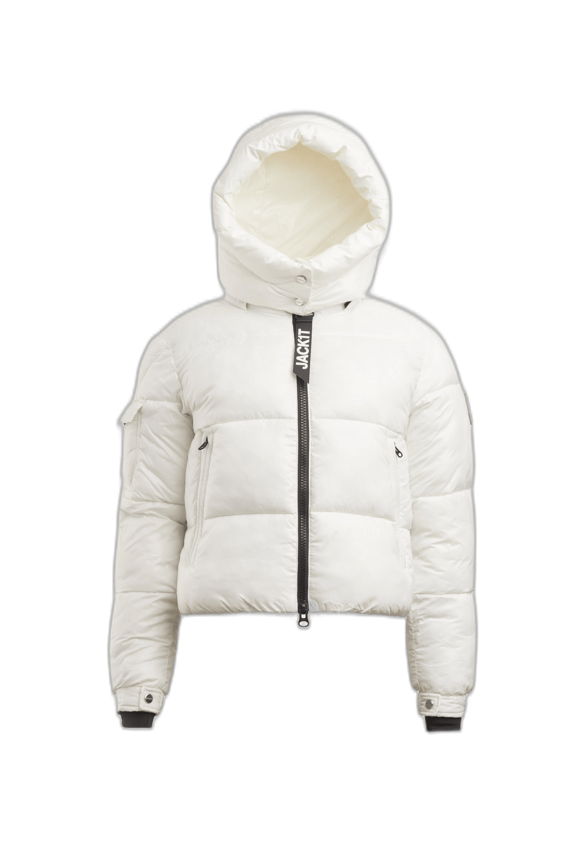 crop sherpa jacket with hood in white featuring a removable hood and tapered racer fit.