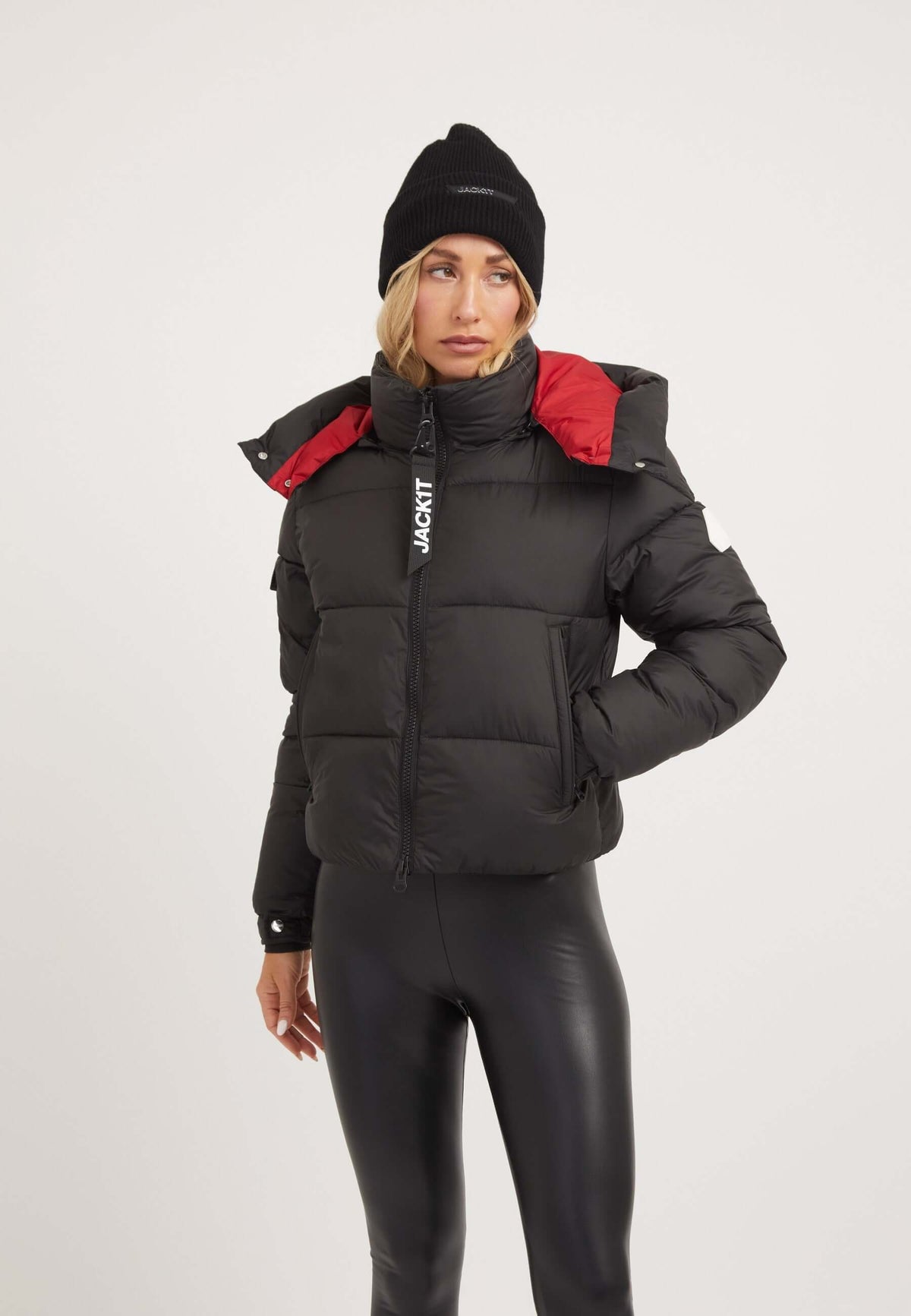 EZ Racer Hood Matt Jacket Black/Cherry Red on model front view by JACK1T