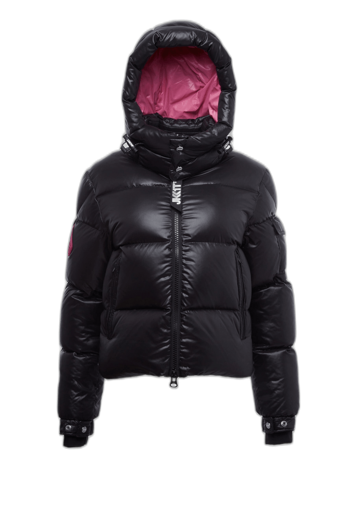 EZ Slick Ultra Long Coat Black Pink featuring tapered racer fit and removable hood, ideal for style and warmth. Extra long black coat.