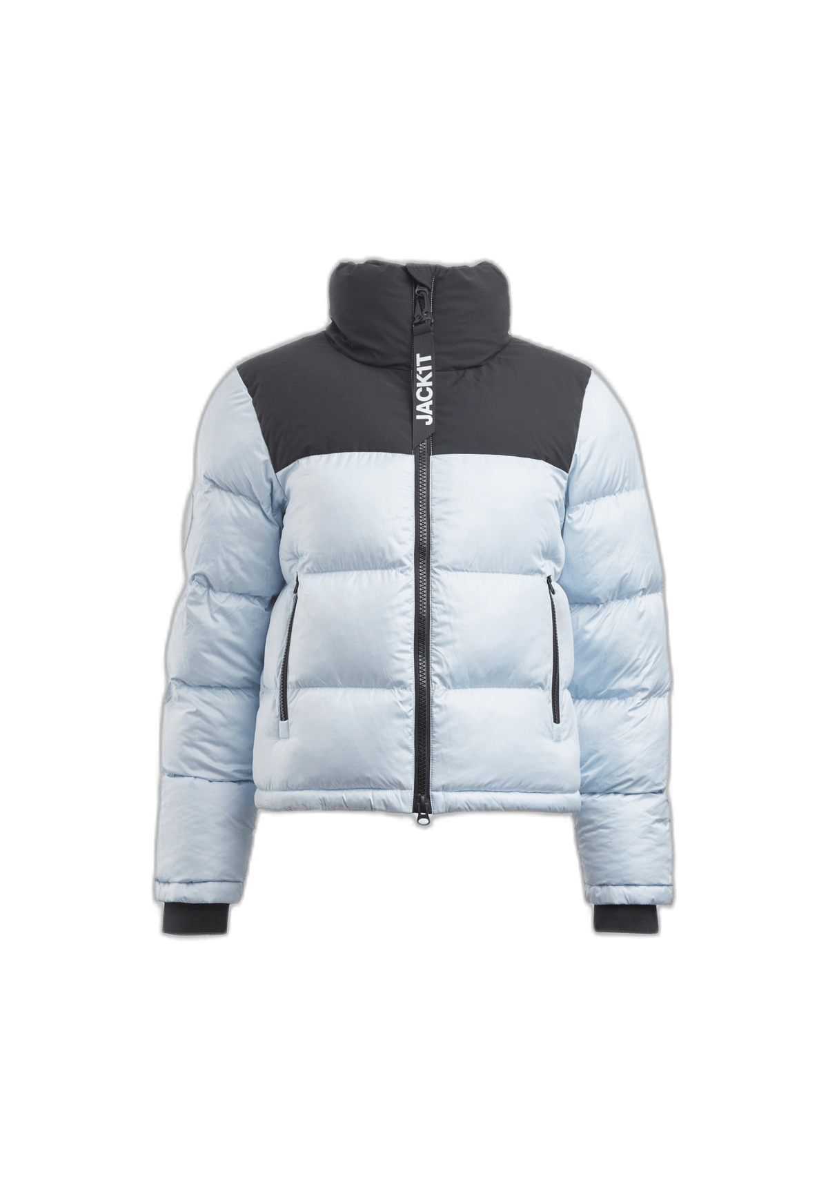 Diamond Funnel Jacket in powder blue and black, featuring funnel neck and premium insulation.