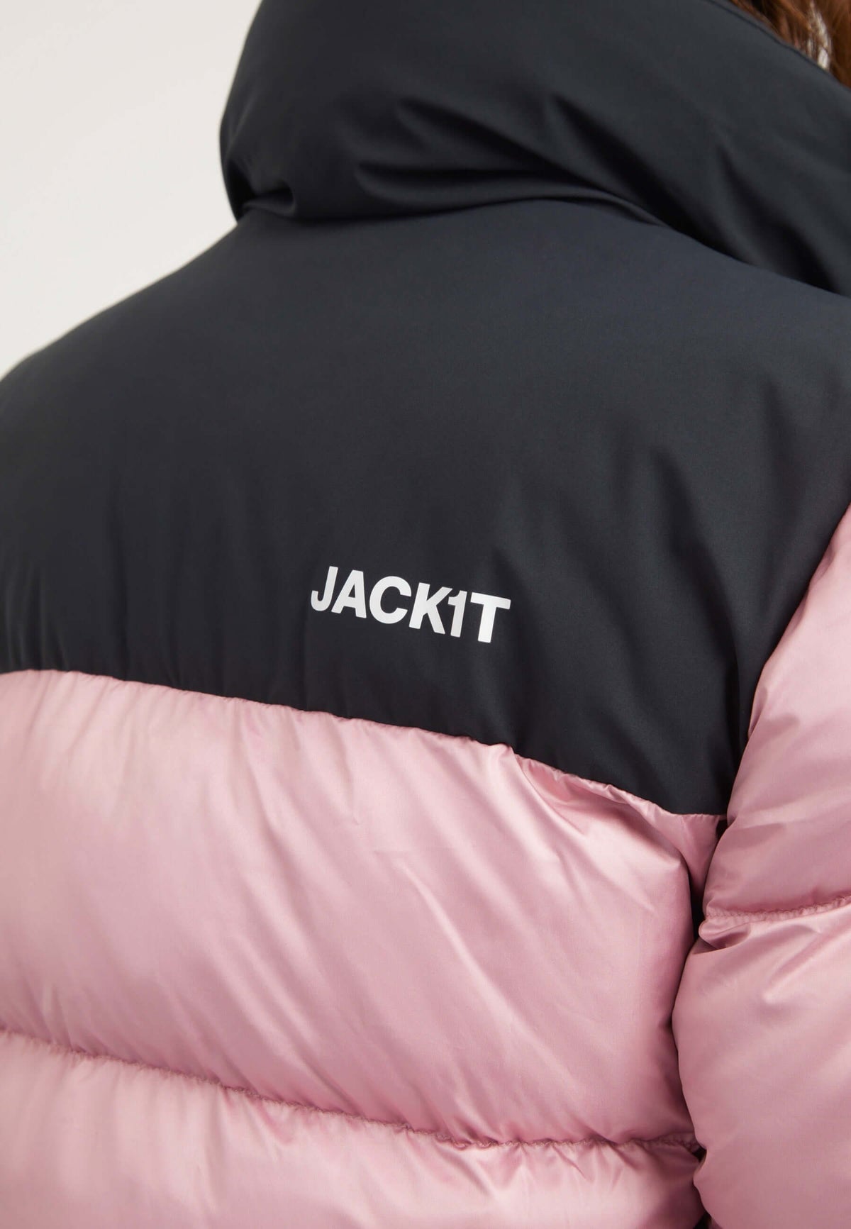 Close-up of the back of a Diamond Funnel Neck Jacket in pink and black, featuring contrasting colors and logo.